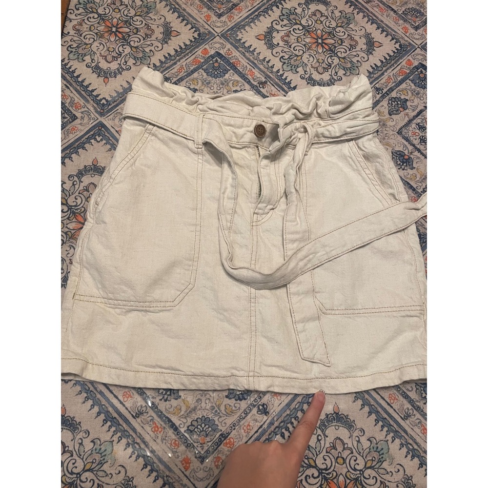 Free People Paperbag Waist Denim Mini Skirt Off White Cream Belted Size 6